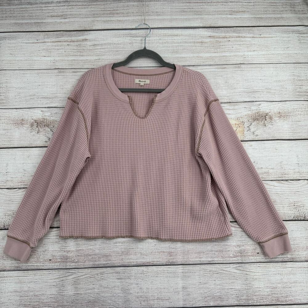 Madewell Waffle Split‎ Neck Crop T-Shirt Womens Large Pink Rough Hem